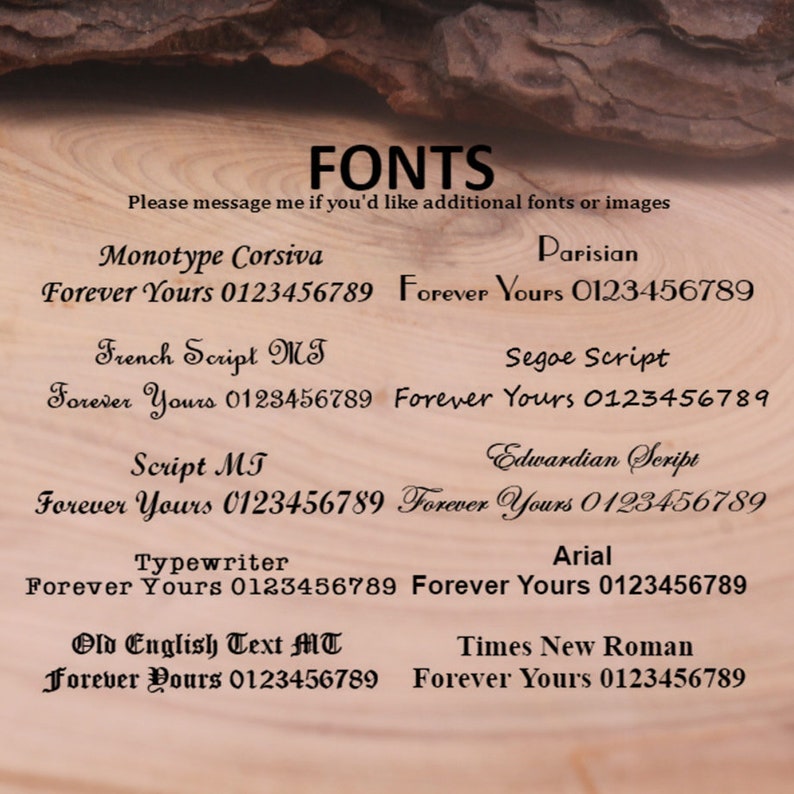 May include: A list of fonts with the text "Forever Yours 0123456789" next to each font name. The fonts include Monotype Corsiva, Parisian, French Script MT, Segoe Script, Script MT, Edwardian Script, Arial, Typewriter, Old English Text MT, and Times New Roman.