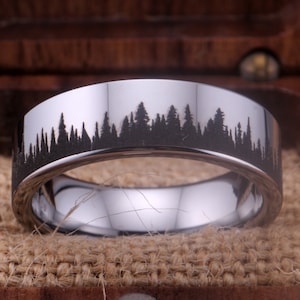 Gepersonaliseerde bos boomgrens landschap gegraveerde wolfraam ring bos wolfraam ring trouwring verlovingsboom ring zilveren wolfraam ring