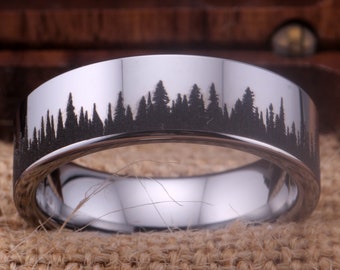 Forest Ring Wedding Band TreeLine Ring Silver Tungsten Ring Forest Tree Ring Gift Anniversary Tungsten Wedding Band Engagement Ring