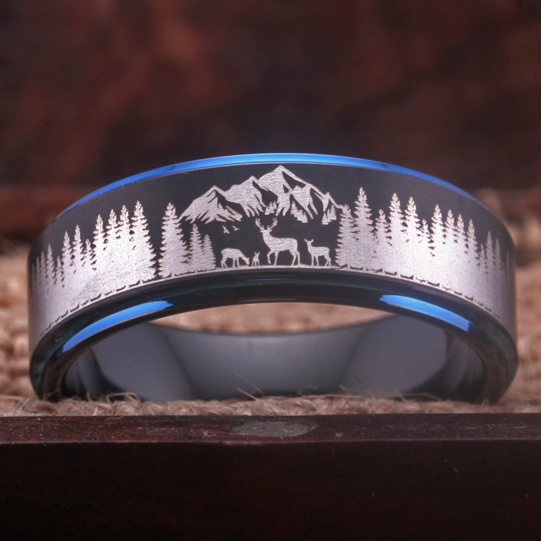 Engraved Deer Family Mountain Landscape Scene Tungsten Ring Black ...