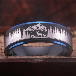 Engraved Deer Family Mountain Landscape Scene Tungsten Ring Black Wedding Band Buck and Doe RingTungsten Outdoor Ring Anniversary Gift