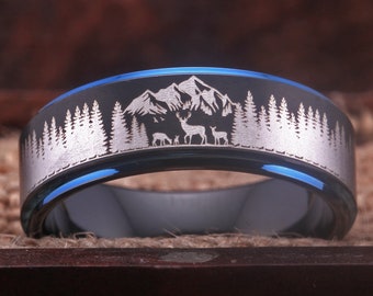 Deer Family Ring Mountain Landscape Scene Buck and Doe Tungsten Ring Wedding Band Ring Black Tungsten Outdoor Ring Anniversary Gift