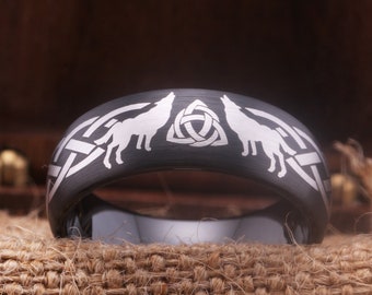Wolf Ring Celtic Knot Wolf Ring Triangle Ring Black Tungsten Carbide Celtic Wolf Ring Wedding Promise Ring Men and Women Christmas Gift Ring