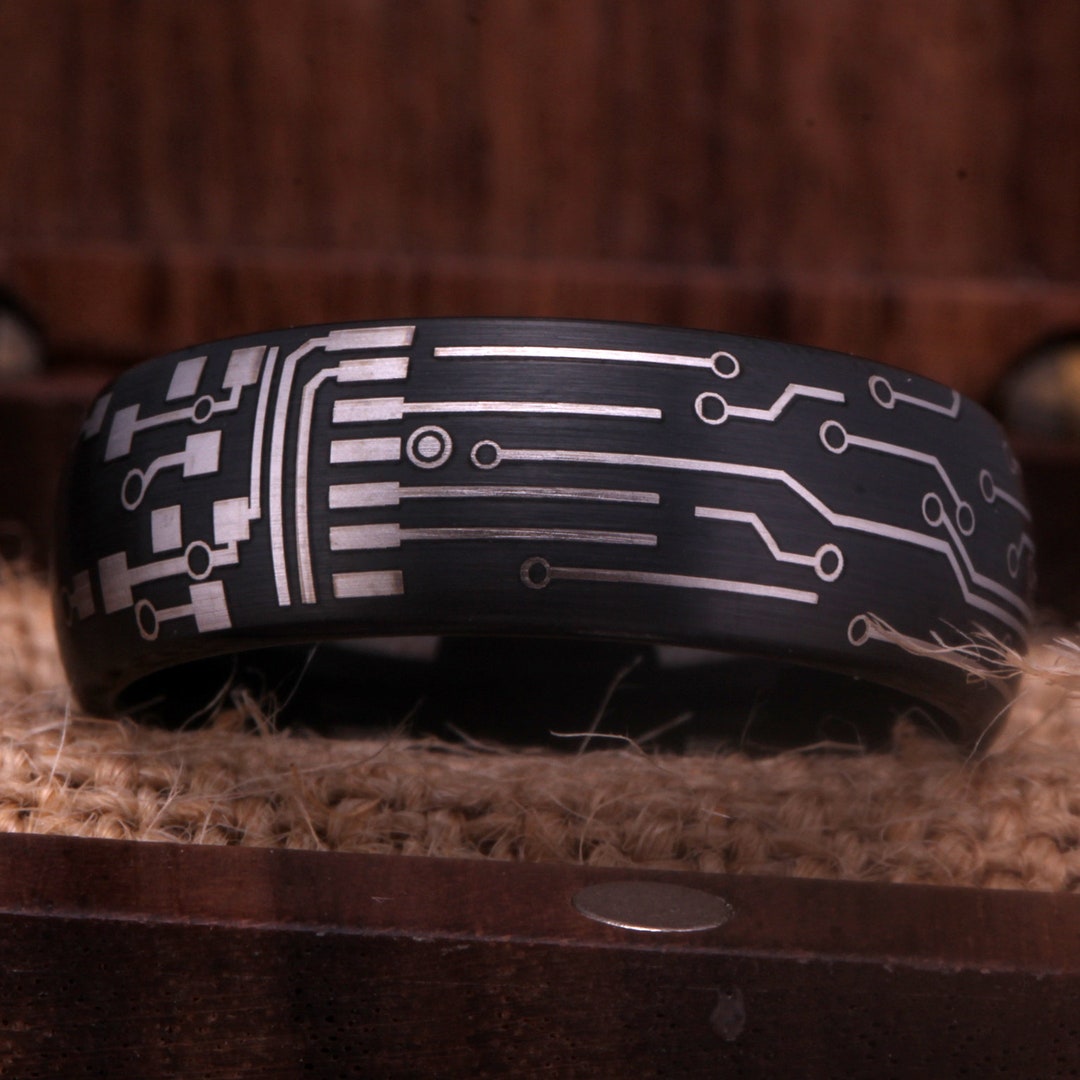 Wedding Band Black Tungsten Ring Circuit Board Design Engraved Tungsten ...