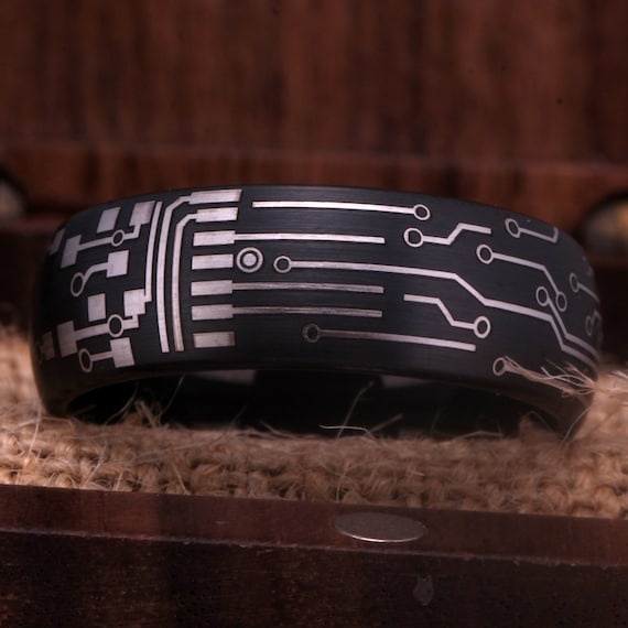 Wedding Band Black Tungsten Ring Circuit Board Design Engraved Tungsten Ring Circuit Board Comfort Fit Gift Ring Free Engraving Inside