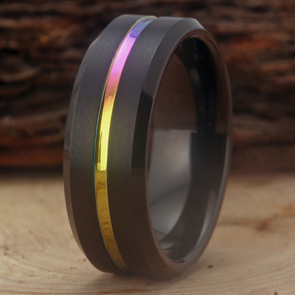 Thin Line Rings Black With Rainbow Thin Line Ring Wedding Band Rainbow Ring Men and ...