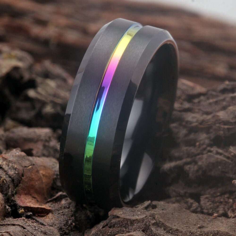 Thin Line Rings Black With Rainbow Thin Line Ring Wedding Band Rainbow Ring Men and ...