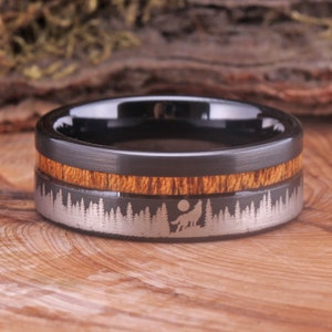 Wolf Ring Wood Inlay Ring Black Tungsten Forest Hawling Wolf Ring Wedding Ring Satin Finish With Genuine Wood Free Custom Engraving Gift