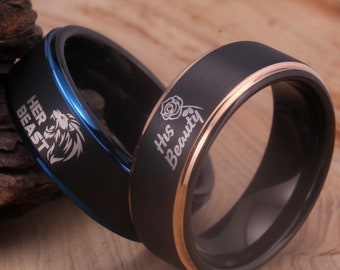 His Beauty Her Beast Wedding Band Ring Beauty and the Beast Ring Rose Jewelry Free Custom Engagement Rings His/Her Ring Anniversary Gift