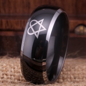 Heartagram Ring HIM Ville Valo Love Ring Heartagram Design Wedding Ring Black Wedding Tungsten Ring With Silver Edges Free Inside Engraving