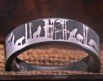 Animal Landscape Scene Wolf Wolves Ring Engraved Flat Tungsten Ring Wolf Ring Wolves Ring Engraved  Black Tungsten RingAnniversary Gift Ring