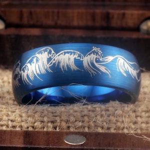 Ocean Ring Ocean Wave Pattern Ring, Blue Mens Wedding Bands, Blue Wedding Rings, Mens Wedding Band, Wedding Rings for Women Anniversary Ring