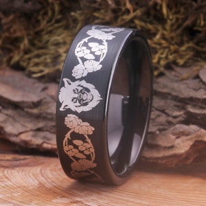Wolf Ring Wolf floralen Muster Ring Ehering schwarze Hartmetall Wolf Rose Blumenring Wolf Ring Rose Blumenring Jahrestag Geschenk