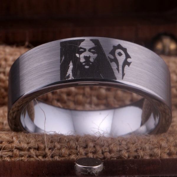 World of Warcraft Ring The  Horde Ring WOW 8mm Matte Silver Pipe Tungsten Wedding Band Ring Gamer Ring Gamer Gift Ring Free Inside Engraving