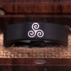 Christmas Gifts Mythology Symbols Teen Wolf Symbols Trinity Symbol Engraved 6mm Black Pipe Tungsten Wedding BAND Ring Personalized Ring