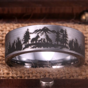 Alpha Wolf Family Engraved Silver Tungsten Wedding Ring Wolf Promise Ring Wolf Pack Engagement Ring, Wolf Jewelry Ring Wolf In Forest Ring