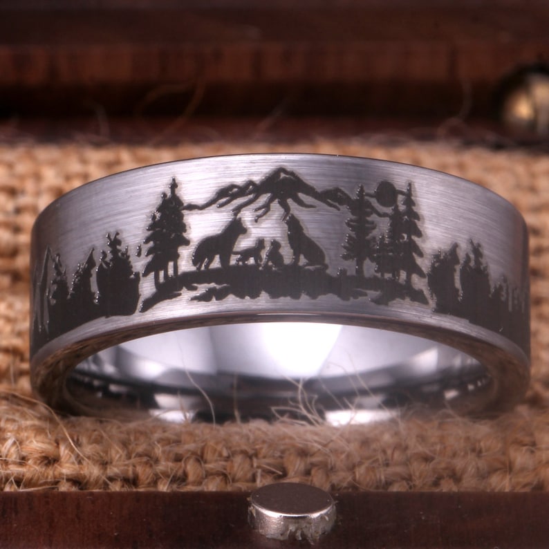 Alpha Wolf Family Engraved Silver Tungsten Wedding Ring Wolf Promise Ring Wolf Pack Engagement Ring, Wolf Jewelry Ring Wolf In Forest Ring