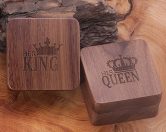 Her King His Queen Engraved Wooden Ring Box Personalized Square Ring Box Her King Ring Box His Queen Ring Box