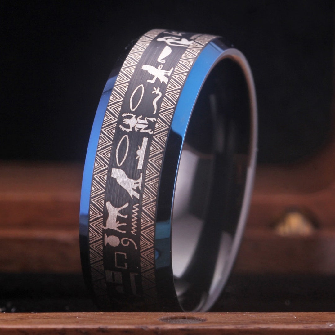 Black Wedding Band Tungsten Ring Custom Hieroglyphic Ring Ankh Ring