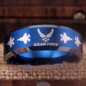 Airforce Tungsten Ring US Army Military Ring Airforce Ring 8MM Matte Blue With Silver Edges Tungsten Wedding Band Free Inside Engraving