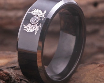 Viking Celtic Raven Hugin Munin Ring Black Tungsten Carbide With CZ Stone Wolf Ring Wedding Promise Ring Free Custom Engraving Raven Ring