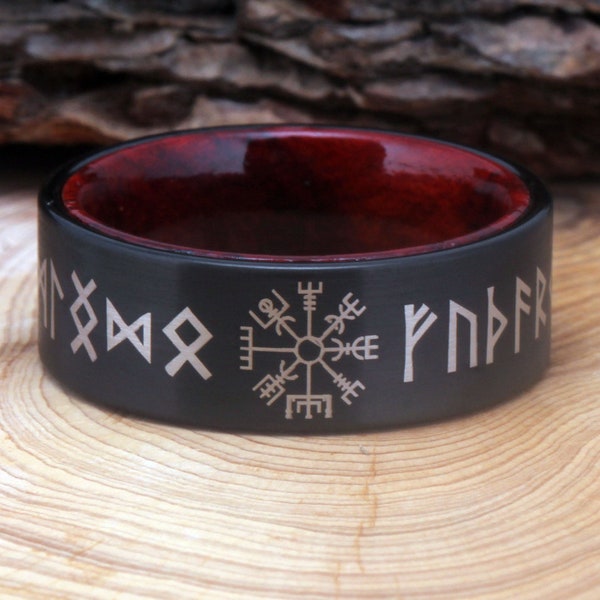 Black Wedding Ring Viking Compass Ring Runic Compass Vegvisir Symbol Ring Matte Black Tungsten With Wood Inner RING FOR MEN