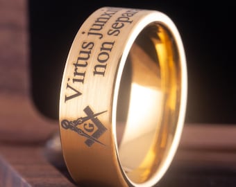 Masonic Tungsten Ring 18K Golden Color Masonic Ring Freemason Ring 8mm Width Tungsten Wedding Ring Personalized Masonic Engraved Ring