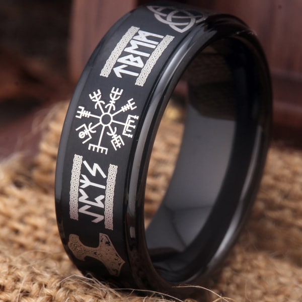 Viking Ring Vicking Nordic Ring Norsemen Ring Ordin Nordic Ring Viking Runes Ring Black Tungsten Free Customized Black Wedding Ring Gift