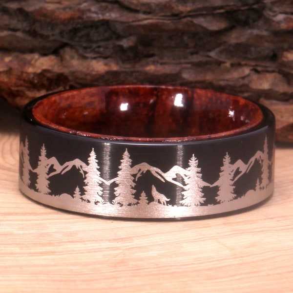 Engraved Howling Wolf Forest Mountain Landscape Scene Ring Lone Wolf Black Tungsten Ring With Wood inner Flat Matte Finish Wedding Band Ring