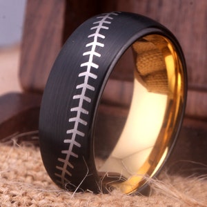 Baseball Stitch Pattern Laser Engraved Tungsten Ring Black Wedding Ring Baseball Jewelry Personalize Laser Engraved Wedding Anniversary Gift