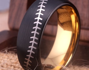 Baseball Ring Baseball Jewelry BaseBall Stitch Pattern Laser Engraved Tungsten Ring Black Wedding Ring Personalize Engraved Anniversary Gift