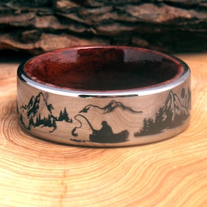 Visserijring Vissen cadeau voor mannen 8 mm wolfraam visser trouwring vissen gepersonaliseerde zilveren wolfraam met houten binnenste visring,