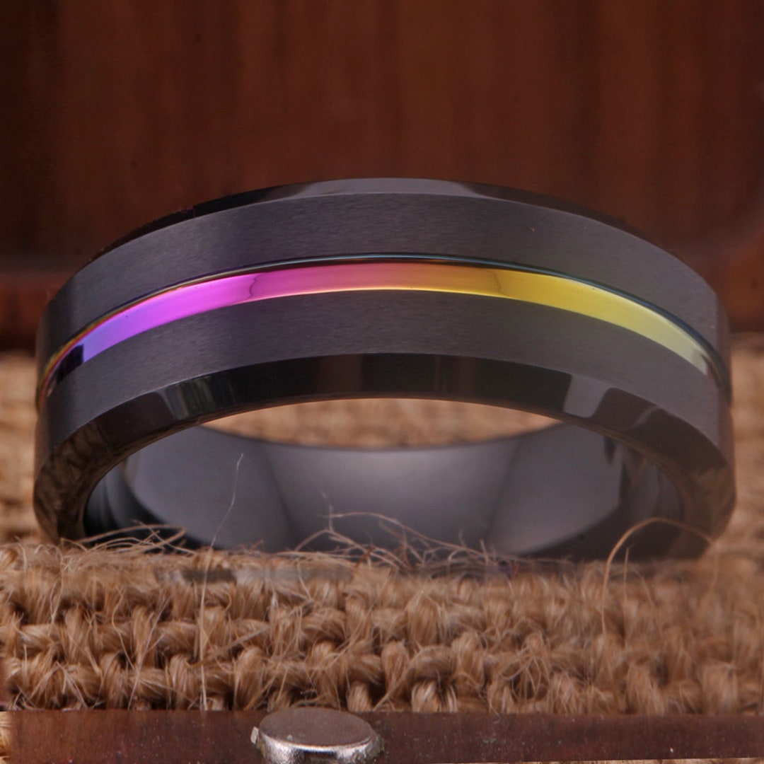 Black With Rainbow Thin Line Ring Wedding Band Rainbow Ring Men and ...