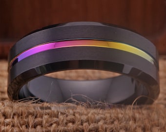 Black With Rainbow Thin Line Ring Wedding Band Rainbow Ring Men and women's Ring Tungsten Carbide Ring Classic Mens Ring Gift for him