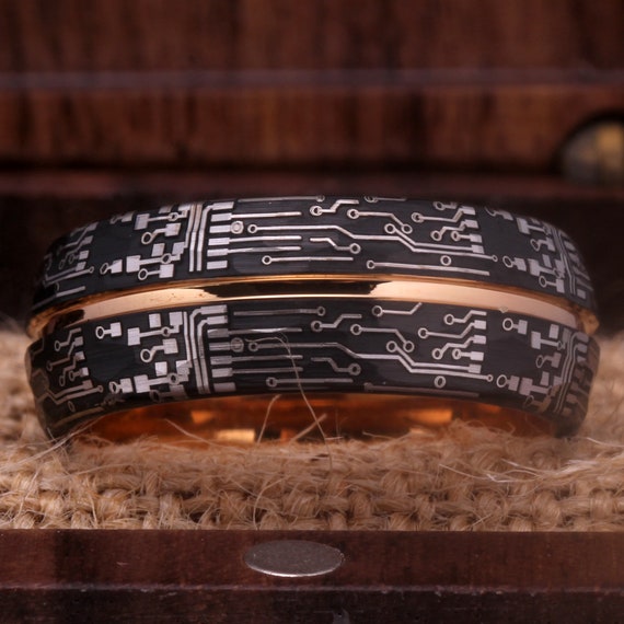 Black Wedding Ring Circuit Board Design 8mm Black Hammered Tungsten Ring With Rose Inside Circuit Board Design Free Inside Engraving Etsy