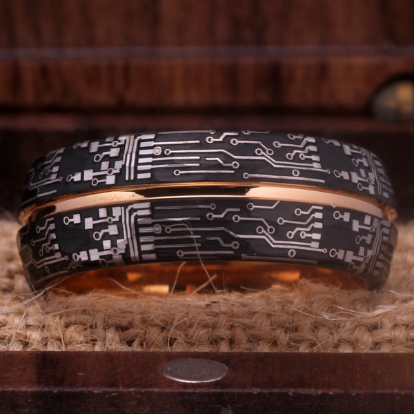 Black Wedding Ring Circuit Board Design 8mm Black Hammered Tungsten Ring With Rose Inside Circuit Board Design, Free Inside Engraving