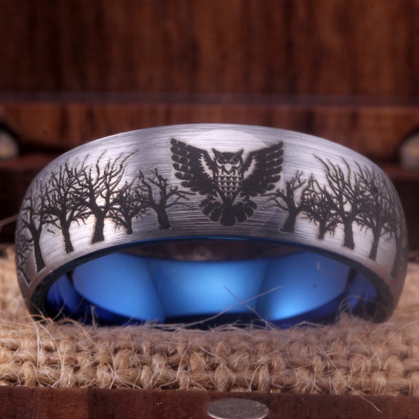 Owl Ring Winged Owl Wedding Ring Flying Owl in the Forest Ring Forest Ring Animal Ring Wedding Band Tungsten Ring Gift Free Inside Engraving