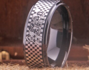 Checkered Ring Checkered Flag Pattern Black Tungsten Ring Mickey Mouse And Friends Ring, Mens Wedding Band Ring Free Custom Engraving