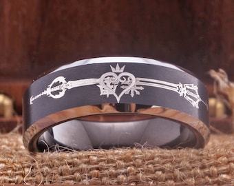 Kingdom Hearts Oathkeeper Oblivion Ring Black Kingdom Heart Tungsten Ring Men Women Promise Engagement Wedding Anniversary Gift Band Ring