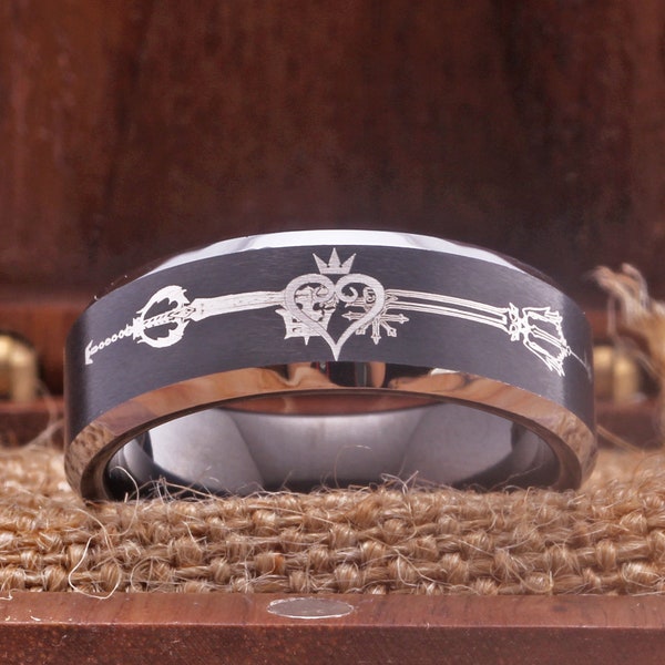 Kingdom Hearts Ring Oathkeeper Ring Oblivion Ring Black Kingdom Heart Tungsten Ring Promise Engagement Wedding Band Anniversary Gift Ring