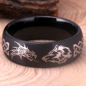 Dragon and Wolf Ring Black Wedding Band Celtic Knot Ring Dragon and Wolf Ring Tungsten Carbide Celtic Dragon & Wolf Ring Gift For Man