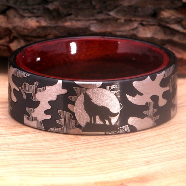 Men Black Ring | Custom Engraved Ring| Camo Pattern With Howling Lone Wolf Birthday gift for the Best Friend| Satin Black Tungsten With Wood