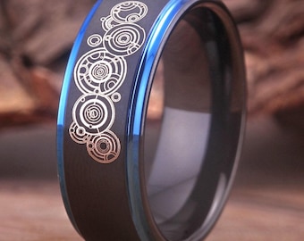 Anillo de bodas de tungsteno de Doctor Who, Señor del Tiempo, anillo de Gallifreyan, anillo de promesa, anillo de compromiso, anillo de aniversario, grabado personalizado gratuito.