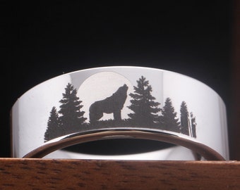 Tungsten Wedding Band Wolf Ring Wolf Wedding Ring Engraved Wolf Ring Wolf Promise Ring Alpha Wolf Howling Wolf Forest Ring
