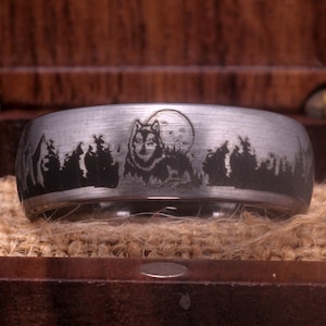 8mm Width Matte Silver Tungsten Ring Wolf Ring Wolf Forest Ring Animal Landscape Scene Wolf Wolves Ring Free Inside Engraving Christmas Gift