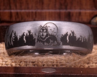 8mm Width Matte Silver Tungsten Ring Wolf Ring Wolf Forest Ring Animal Landscape Scene Wolf Wolves Ring Free Inside Engraving Christmas Gift