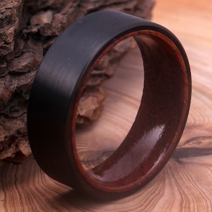 Tungsten Ring Wooden His Ring Tungsten Men's Wedding Band Wood, Wood Wedding Band, Black Brushed Tungsten Wedding Ring, Tungsten Band