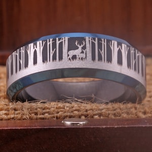 Men's Deer Ring Buck Ring Forest Ring Deer family in Forest Landscape Scene Tungsten Ring Wedding Band Ring Free Personalized Gift Ring