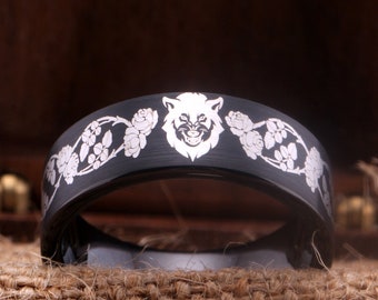 Wolf Ring Wolf Head With Floral Pattern Ring Wedding Band Black Tungsten Wolf Rose Floral Ring Wolf Ring Rose Floral Ring Anniversary Gift