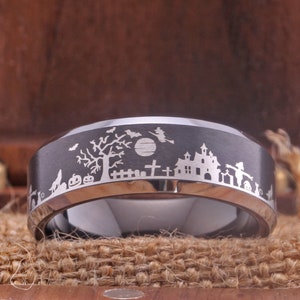 Wilder Wolf Ring Schwarzer Ehering Halloween Design Ring Schwarzer Wolframring Gespensterring Fledermausring Mondring Kürbisring